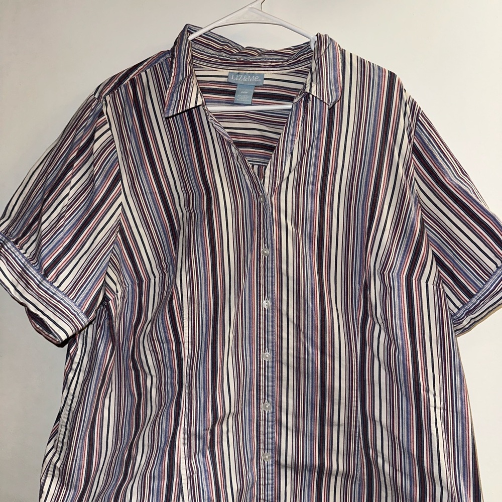 Striped Button Down T-Shirt - Blue, Red, White